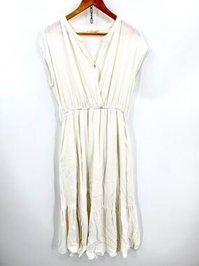 Ellison Linen Blend Midi Dress Medium M Cream White Surplice Boho Tiered Pockets